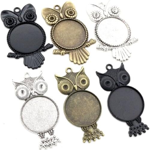 New Fashion 5pcs 25mm Inner Size Antique Silver Plated Bronze Black Owl Style Cabochon Base Setting Charms Pendant