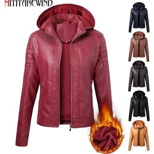 2020 New Winter Womens PU Leather Jacket Hooded Collar Velvet Keep Warm Coat Female Windbreaker Autumn Leather Coat Women S-XL