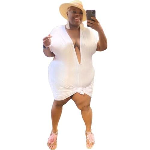 Solid Color Deep V Neck Short Sleeve Sheath Knee Length Dresses For Womens Outfits Holiday Party Big Size 4XL Casual Dresses