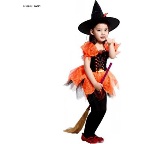 Orange M-XL Gothic Girls Halloween Sorceress costume For Kids Children Witch Cosplay Carnival Purim Parade Role play party dress