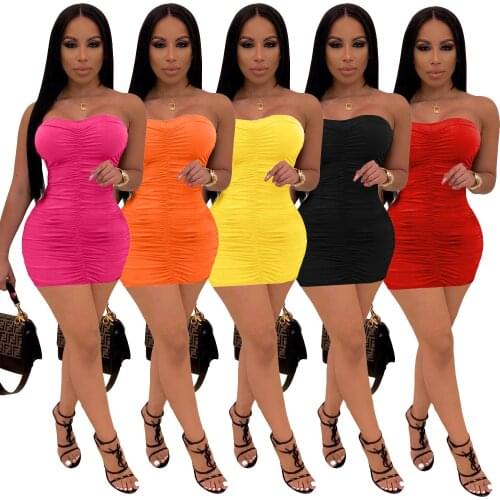Sexy Strapless Pleated Mini Dress Women Off Shoulder Draped Bodycon Sundress Backless Party Club Dress Summer Clothings 2021