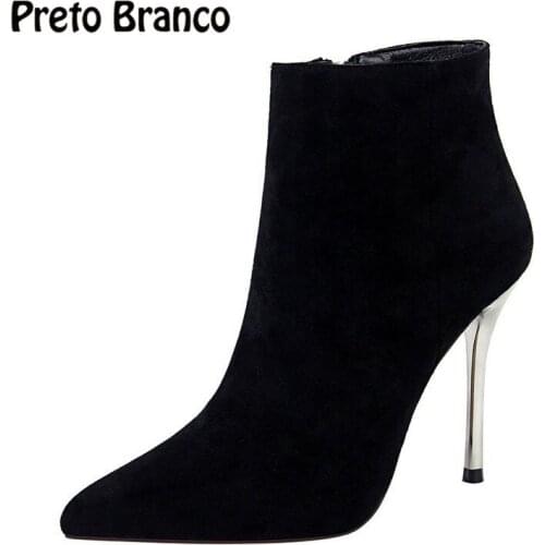 PRETO BRANCO New Fashion Womens Booties Suede Boots Super High Heel Pointed Womens Boots Sexy Slim Womens Boots DS