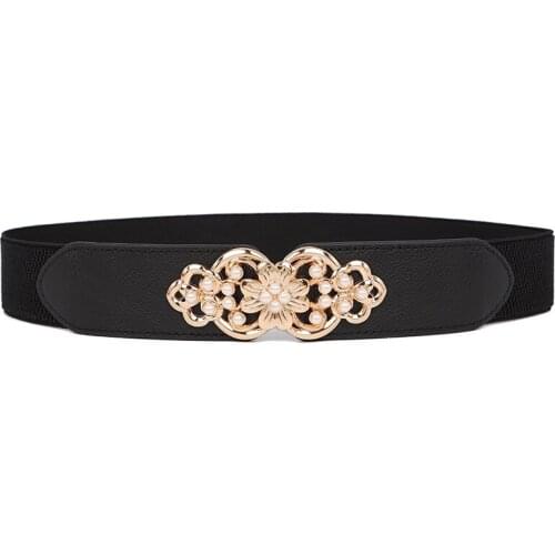 Belt Women White Black waistbands Fashion Lady Stretch cummerbunds Elastic Pearl Waist Belts Wide flower buckle cintos de mujer