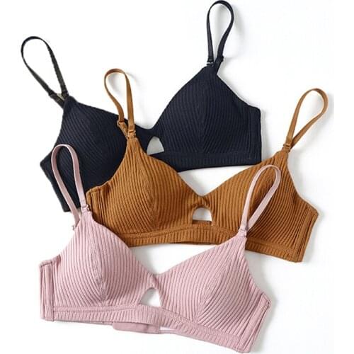 Sexy Seamless Underwear Cotton Screw Thread Thin Wireless Bra With Removable Straps Padded Girls Hollow Lingerie Women Bralette