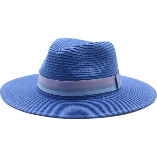 Summer hats solid blue green black khaki big brim 11cm sun protection straw hats women men band outdoor beach women straw hats