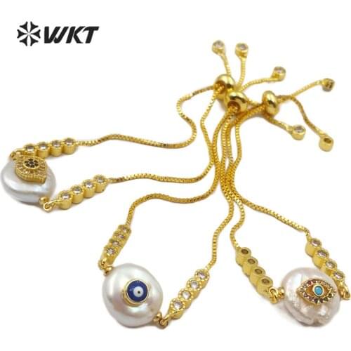 WT-MB110 Natural Freshwater Pearl Bracelet With Cubic Zirconia Pave Eye shape Bracelet Adjustable Fashion Woman Bangle
