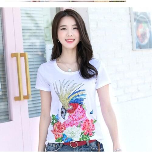 2021 Cotton Summer Tees Tops Animal Beading Woman Plus Size Short Sleeve Oversized T shirt Big Girls Clothing Tshirt White