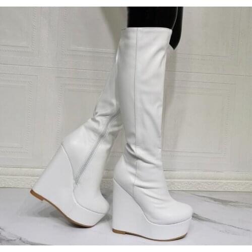Winter New Woman White Black Leather Platform Wedge Knee High Boots Female Thick Sole Big Size 47 Zipper Side Long Botas Shoes