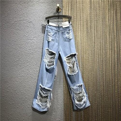 High Street Women Hole Ripped Jeans Long Straight Harem Pants High Waist Baggy Denim Pants Hip Hop Loose Fit Trousers Streetwear