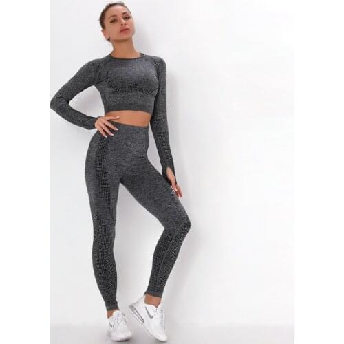 Women 2pcs Seamless Yoga Set Sport Suit Gymwear Workout Clothes Long Sleeve Gym Crop Top Sports Wear High Waist Running Legings
