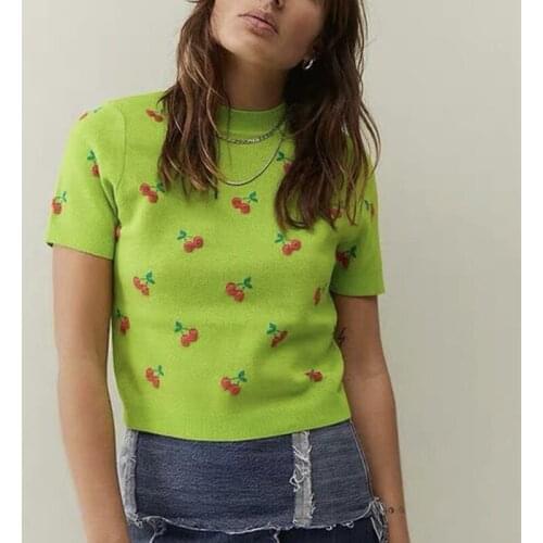 Women Vintage Ribbed Knit Crop Top Cherry Pattern Short Sleeve Elasticity T-shirt Female Y2K E-Girl Streetwear Kawaii Clothes