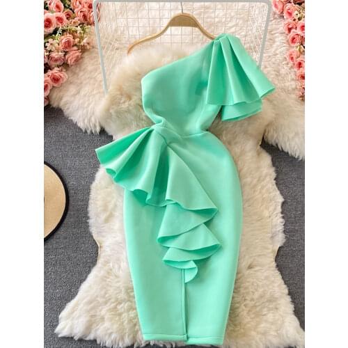 Summer New Fashion Vestidos Womens Diagonal Collar Three-dimensional Ruffled Waist Temperament Split Midi Dress KK321