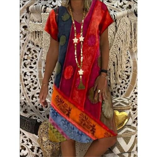 Women Dress 2021 New Fashion V Neck Vintage Printed Loose Casual Dresses Short Sleeve Plus Size Summer Dress Female Plus Size