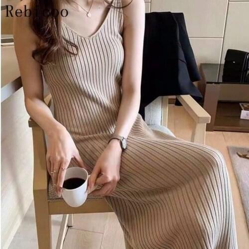 New Women Spaghetti Strap Dresses Split V-Neck Knitted Dress Elegant Ladies Sleeveless Bodycon Robe Vestidos