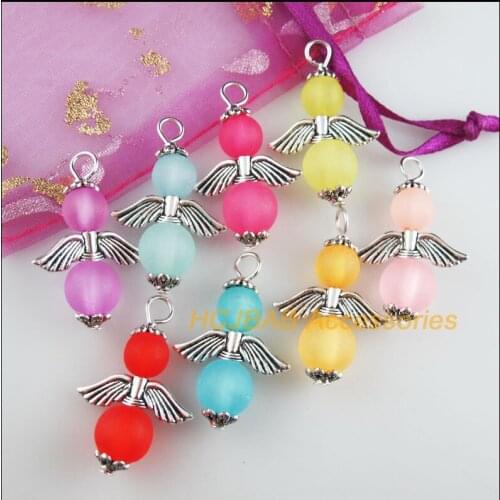 16 New Angel Charms Silver Plated Mixed Frosting Acrylic Ball Pendants 20.5x32mm