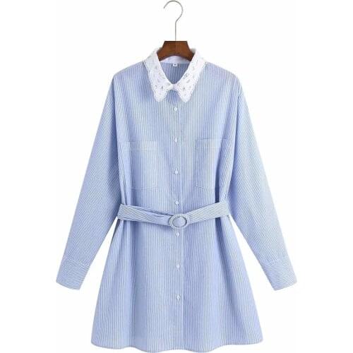 Women Blouse Oversized Striped Print Belt Pocket Loose Long Shirt Ladies Shirt Button Slim Office Lady Top Blusas Mujer Camisas