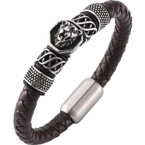 Trendy Jewelry Men Wristband Brown Leather Braided Bracelet Lion Stainless Steel Magnetic Clasp Vintage Bracelets Bangles PD0143