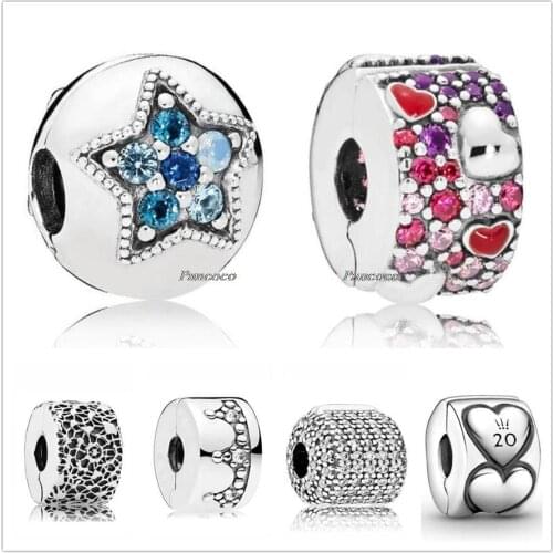 Authentic 925 Sterling Silver Pave Barrel With Crystal Clip Stopper Charm Bead Fit Pandora Bracelet & Necklace Jewelry