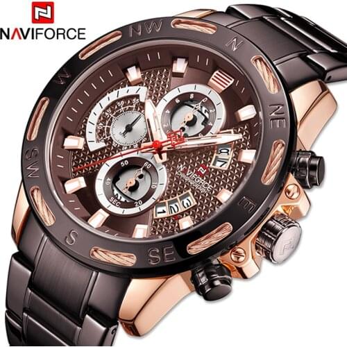 NAVIFORCE Mens Watches Casual Fashion With 3 Small Dials Waterproof Stainless Steel Strap Luminous Date Display Watches For Men