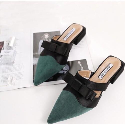 Kid suede silk bowknot slippers thick heels cut out mules shoes woman mixed color pointy toe slides femme summer flip flops 2019