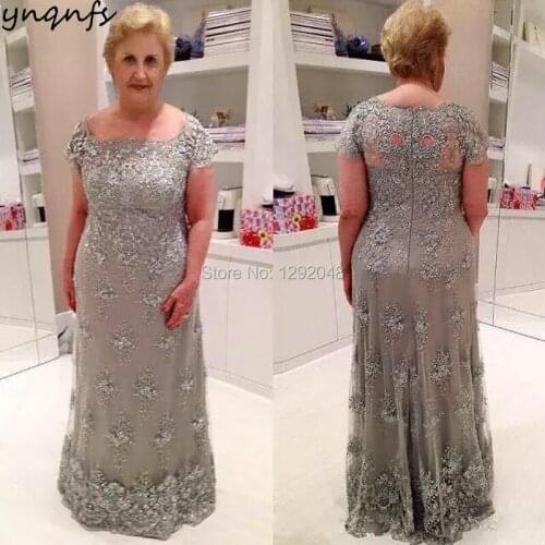 YNQNFS M72 Real Silver Long Mother of the Bride Groom Dresses with Short Sleeves Plus Size Dinner Party Anniversary Formal Gown