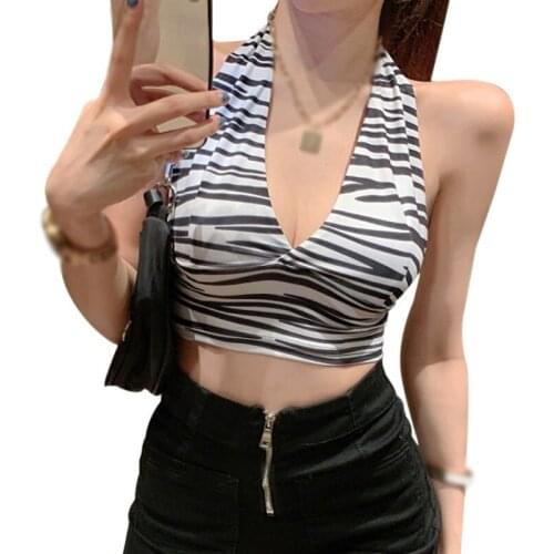 Women s Sexy Tank Tops Summer Halter V Neck Zebra Print Vest Ladies Slim All-match Sleeveless Vest