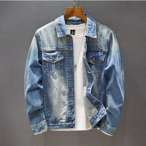 Men Denim Jacket Vintage Wash Blue Personality Bleached Trend Male Street Locomotive Coat Slim-fit Single-breasted Cowboy Jacket