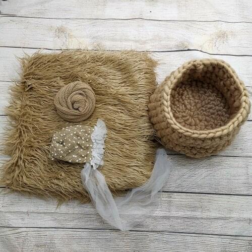 Faux Fur 150*100cm Blanket backdrop+Knit basket+140*30cm Stretch Knit Wrap+ Baby Girl Hats Newborn Photography Props