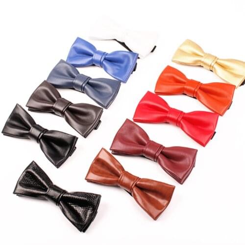 GUSLESON Classic New Mens PU Leather Solid Bowtie Fashion Men Wedding Bow Ties Casual Gift Bowties for Men Accessories