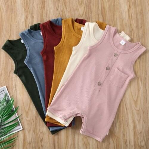 Newborn Baby Boy Girl Button Sleeveless Jumpsuit Cotton Solid Color Romper Infabt Bodysuit Outfits Clothes Summer 0-24M