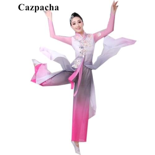 2 Piece Women Classical Dance Costume Long Sleeve Dress Flowy Pants Chinese Folk Dance Kite Dancewear Yangko Clothing Plus Size