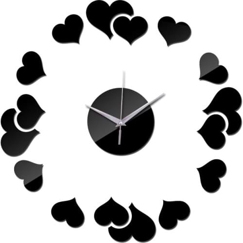 Top fashion home decoration wall clock hearts mirror acrylic wall clocks modern style diy wall stickers quzrtz wall watches