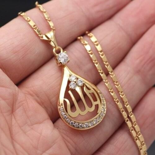Muslim Islamic Quran Allah Zircon Decorated Teardrop Pendant Necklace Unisex Religious Style Jewelry