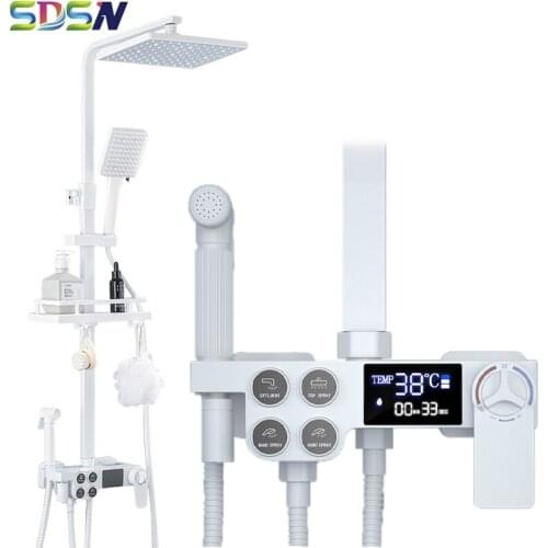 White Digital Bathroom Shower Set with LED Display Brass Bathroom Mixer Faucets Rainfall Shower Head Thermostatic Shower Set