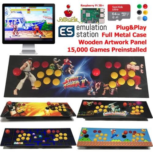 Two Players TableTop Arcade Retro Game Console Raspberry Pi 3B Wooden Panel Metal Case 64G