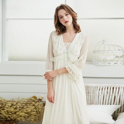 Victorian Style Vintage Nightgown Women White Mesh Long Fairy Night Dress Princess Sleepwear Negligee Peignoir Ladies Loungewear