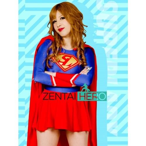 New Arrival Womens Spandex Bodysuits Sexy Red Blue Supergirl Lady Hero Zentai Catsuit Lycra Movie Sexy Giga Leotard With Cape