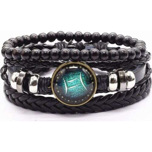 New 3 Pcs/set Black Leather Beads Women Bracelets Men Jewelry Casual Green Constellation Charm Femme Homme Male Friend Gift