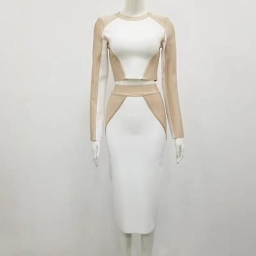 Sexy O Neck Long Sleeve Two Piece Set Bodycon Women Winter Club Party Night Beige and White Patchwork Elegant Midi Bandage Dress