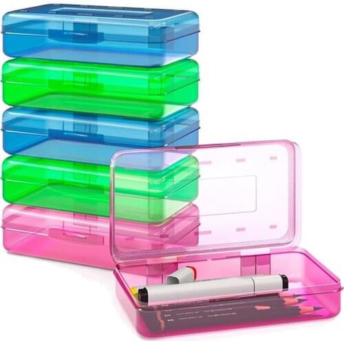 6 Pack Plastic Pencil Case Box with Lid Snap Closure, Large Capacity School Supplies Storage Organizer for Kids School