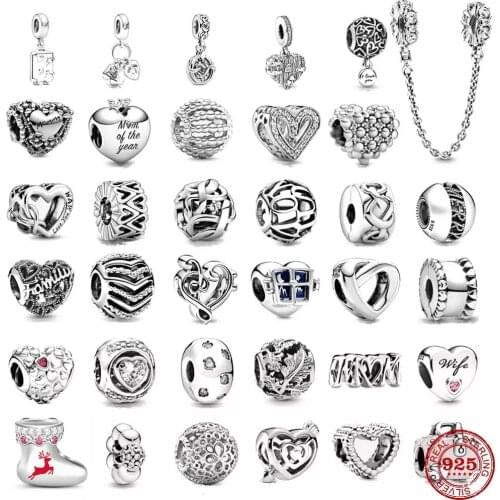 Heart Shape 925 Sterling Silver Flower Mum Mom of my Heart Charms DIY fine beads Fit Original Pandora Charm Bracelet Jewelry
