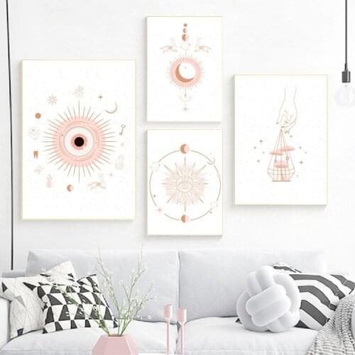 Pink Mysterious Crystals Moon Sun Animals Posters and Prints Witches Magic Knowledge Art Canvas Painting Gifts Home Room Decor