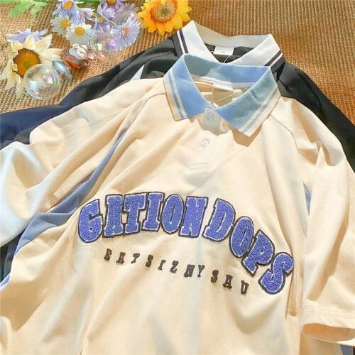 Rretro Letter Embroidery Contrast Color POLO T Shirts Oversized Lovers Teens Summer Short Sleeve T Shirt New Korean Fashion Tops