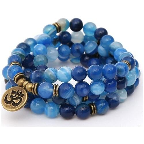 Blue 108 beads 8mm elastic adjustable Lotus life tree Buddha OM eye Chakra Reiki agate Onyx Yoga Bracelet necklace yfg3s