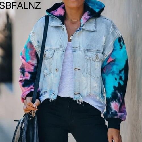 Hooded Cropped Jean Coat Streetwear Spring 2021 Ladies Denim Jacket Abrigos Mujer Fashion Distressed Hole Splicing Tie Dye Loose
