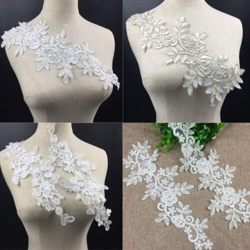 2 Pieces White Lace Flower Patch Motif Collar Sew Applique Badge Embroidered For Wedding Dress