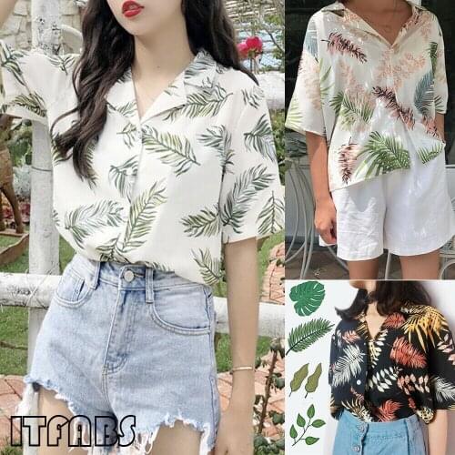 2019 Newest Hot Womens Summer Casual Loose Half Sleeve Blouse Leaves Leaf Printed Tops Lapel Shirts Beach Style Hawaii Shirts