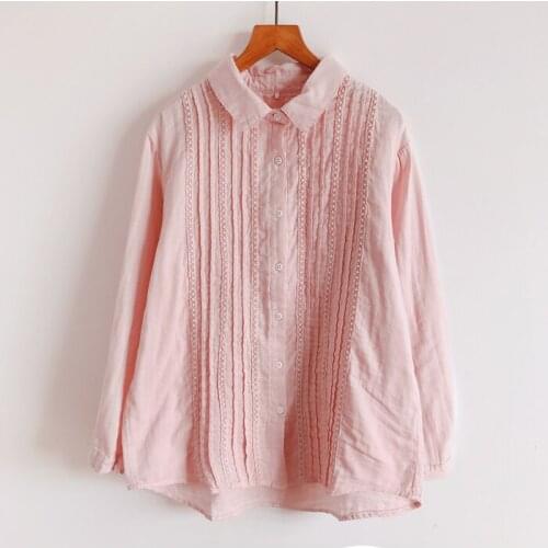 Spring Autumn Literary Shirt Lace Designs Plait Pure Color Cotton Jacket Lapel Render Unlined Upper Garment Female