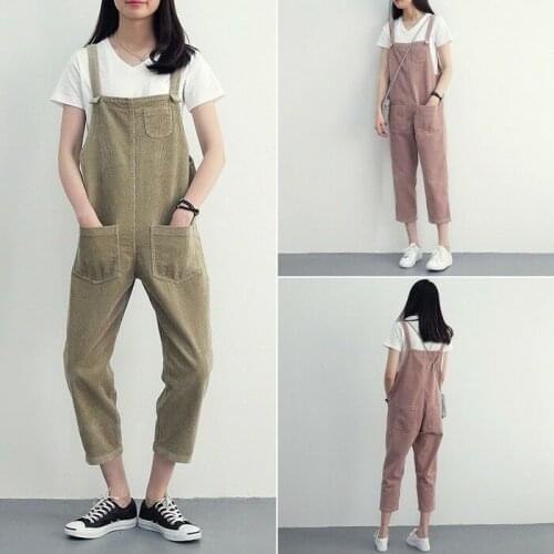 Women Casual Corduroy Overalls Dungaree Jumpsuit Harem Ankle Length Pants Pocket