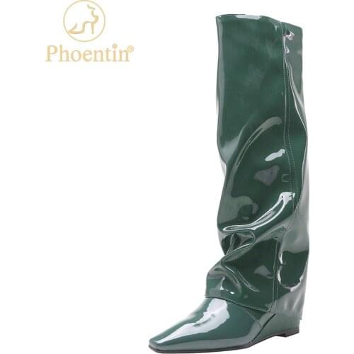 Phoentin Knee High Boots Women Wedges Shoes Patent Leather Pleated Fashion Shoes European Style autumu Long Boots size 42 FT1633